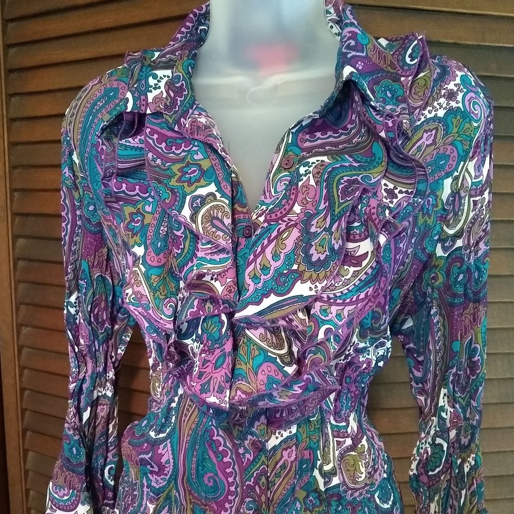 Purple paisly ruffled blouse business top plus